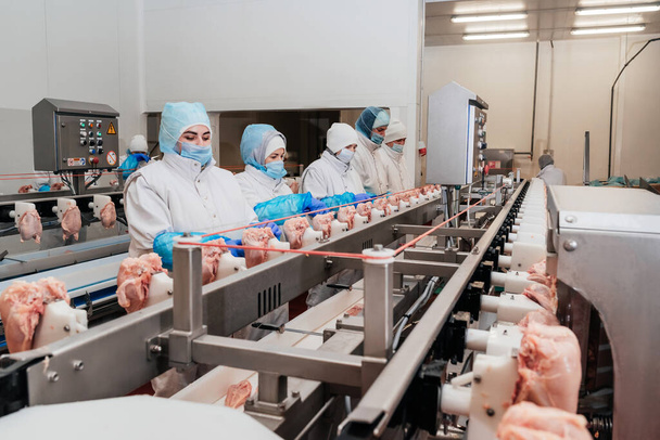 Automaattinen tuotantolinja, jossa on lihan pakkaaminen ja leikkaaminen nykyaikaisessa elintarviketehtaassa.Lihankäsittelylaitteet. Elintarvikkeet liha kana filee tuotantolinja muovipakkauksissa kuljettimella. - Valokuva, kuva