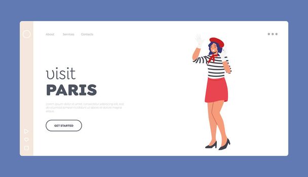 Visita Paris Landing Page Template. Mimo femenino francés de aspecto clásico mostrando pantomima sosteniendo las manos en la pared invisible - Vector, Imagen