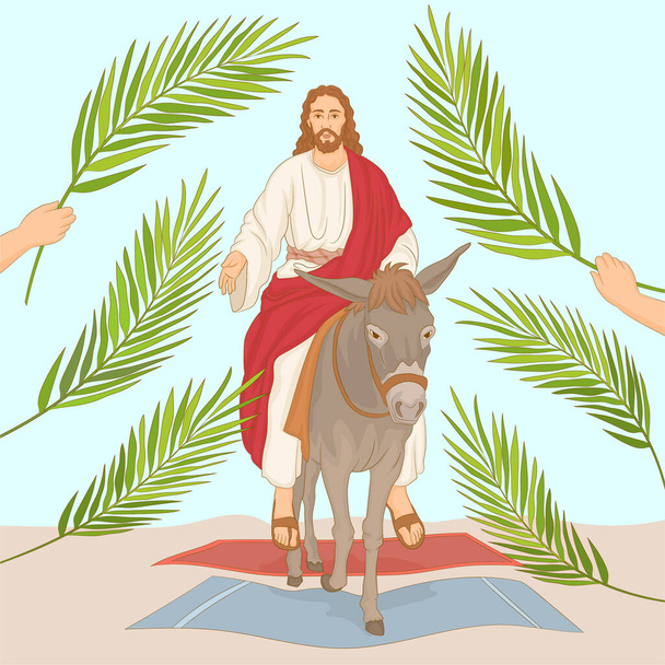 Palmiye pazarı, İsa eşeğe biniyor Kudüs 'e palmiye yapraklarıyla. - Vektör, Görsel