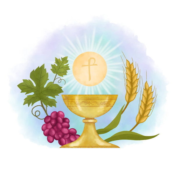 Chalice and host, with wheat ears wreath and grapes - Vector, Image