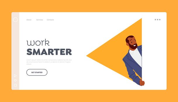 Work Smarter Landing Page Template. Happy Curious Man Peeking From Behind Wall with Yellow Rectangular Shape - Vector, Image