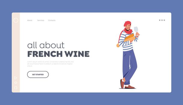 Όλα σχετικά με το γαλλικό πρότυπο Wine Landing Page. Γάλλος με ριγέ T-shirt με κόκκινο φουλάρι, Wineglass και Baguette - Διάνυσμα, εικόνα