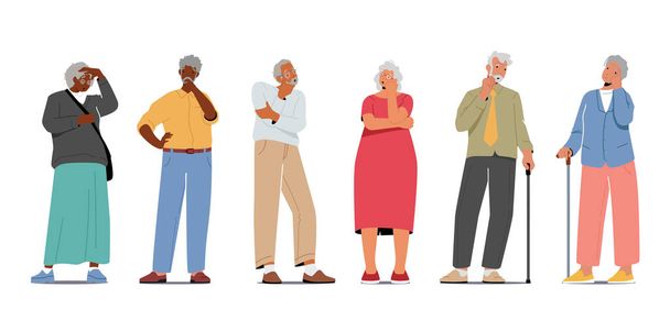 Набор старших персонажей, думающих, забытых пожилых людей с болезнью Альцгеймера. Дедушка, бабушка Забудь - Вектор,изображение