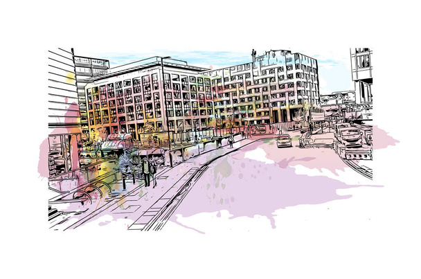 Print Gebouw uitzicht met bezienswaardigheid van Manchester is de stad in Engeland. Aquarel plons met de hand getekend schets illustratie in vector. - Vector, afbeelding