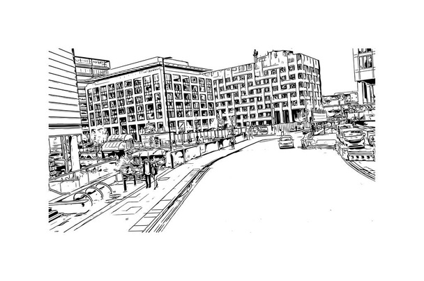 Print Building view with landmark of Manchester a város Angliában. Kézzel rajzolt vázlat illusztráció vektorban. - Vektor, kép