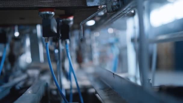 Εργοστάσιο συσκευασίας χαρτοκιβωτίων μηχανή εργασίας αυτοματοποιημένη γραμμή μεταφοράς κοντά - Πλάνα, βίντεο