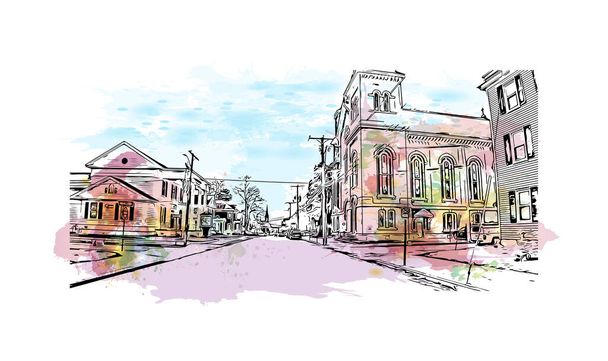 Vytisknout Pohled na budovu s orientačním bodem Manchesteru je město v New Hampshire. Akvarelové stříknutí s ručně kresleným náčrtem ilustrace ve vektoru. - Vektor, obrázek