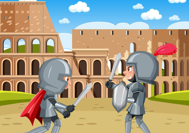 Scene with two knights in armour is fighting  illustration - Vector, Image