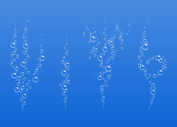 Cartoon fluxo de efervescência de ar bolhas subaquáticas na água, refrigerante, mar. Bolhas de espuma. Ilustração vetorial sobre fundo azul. - Vetor, Imagem