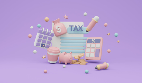 3D Rendering of money income and tax form on background concept of tax form online. 3D vykreslování minimálního kresleného stylu. - Fotografie, Obrázek