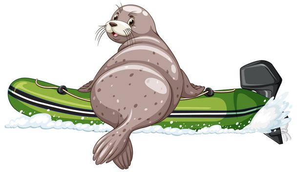 Zeehond op opblaasbare boot in cartoon stijl illustratie - Vector, afbeelding