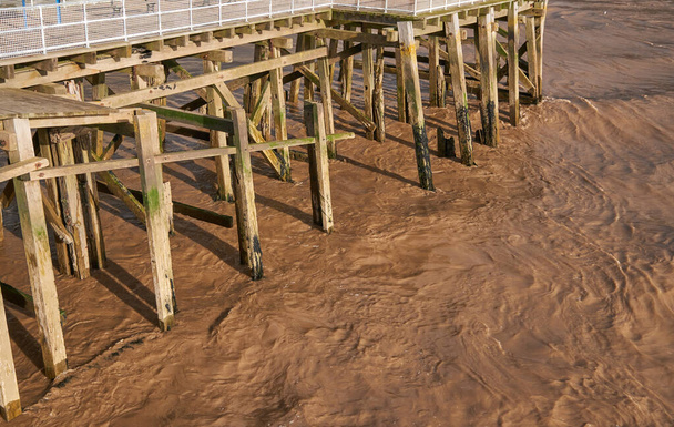 Дерев'яні дрібні опори в брудній воді
 - Фото, зображення