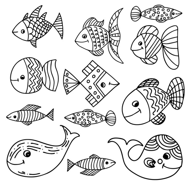 美しい模様の魚のセット。漫画風。水中世界の面白い魚。大人や子供のためのストレス着色本のスケッチ、線画、タトゥーのためのドアのロゴ、ゼンタングル. - ベクター画像
