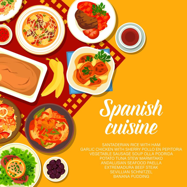 Ισπανική κουζίνα vector menu cover santaderian rice with ham, σκόρδο chicken with sherry pollo en pepitoria. Σούπα λουκάνικου λαχανικών olla podrida, στιφάδο με τόνο πατάτας marmitako, ανδαλουσιανή παέγια θαλασσινών - Διάνυσμα, εικόνα