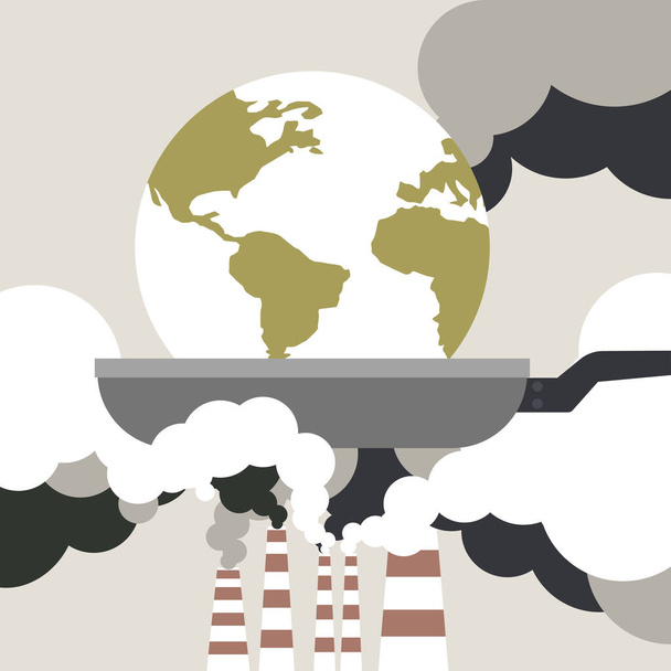 Ilustração conceitual do planeta Terra se aquecendo em uma frigideira a partir de gases de efeito estufa emitidos pelas fábricas - Vetor, Imagem