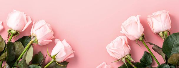 Valentine's Day design concept background with pink rose flower on pink table background background - Fotoğraf, Görsel