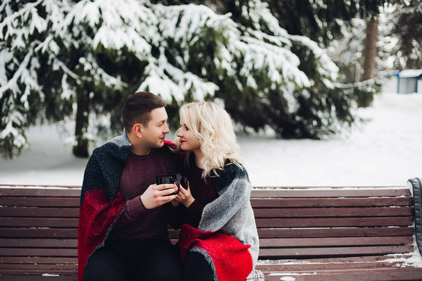 Couple in love sitting on bench and smiling in snowing forest. - Foto, imagen