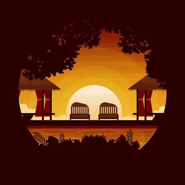 Hut Sunset Sun Resort Μπαλί Holiday τοπίο Circle View Illustration - Διάνυσμα, εικόνα
