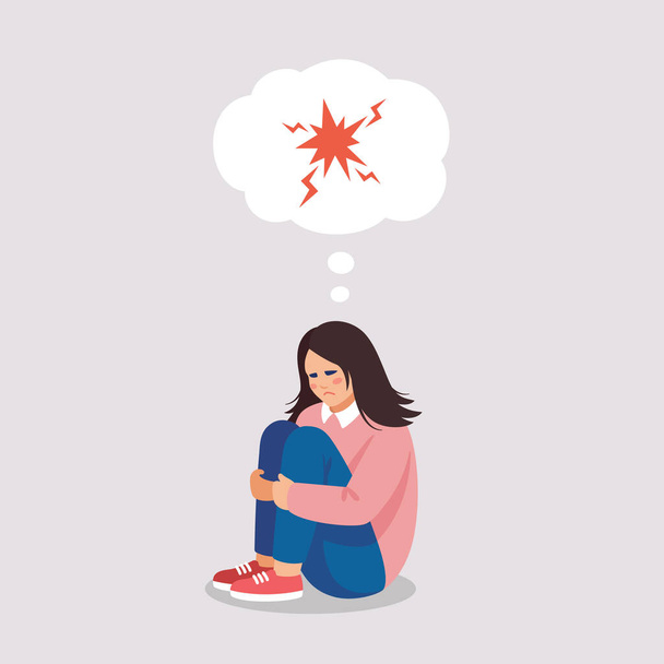 怒って疲れた女の子はストレス、怒り、うつ病性障害を患っています。精神問題のベクトル図 - ベクター画像