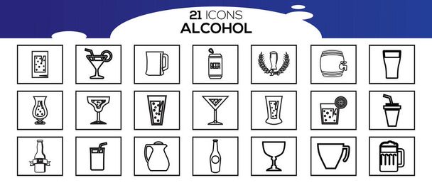 Alcohol en cocktails icoon set.Bevat onder andere Pictogrammen als Champagne, Whiskey, Cocktail, Shots. Bewerkbare beroerte. - Vector, afbeelding
