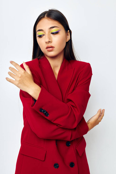 attractive girl fashion jacket posing studio model unaltered - Valokuva, kuva