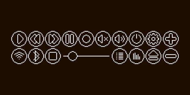 monocromo simple píxel plano arte conjunto de iconos mediaplayer blanco para audio o vídeo sobre fondo negro - Vector, imagen