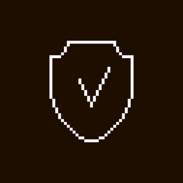 monochromatický jednoduchý plochý pixel art ilustrace bílého štítu s zaškrtnutím na černém pozadí - Vektor, obrázek