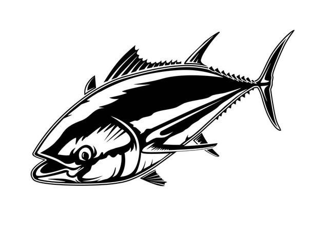 Logo poisson thon en colère. Emblème de la pêche au thon. Du thon à gros yeux. Logotype de club de pêche en colère
. - Vecteur, image