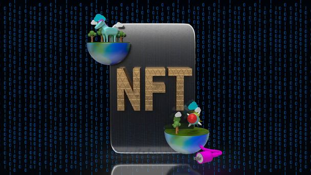 χρυσό κείμενο nft σε tablet ψηφιακή 3d απόδοση φόντου - Φωτογραφία, εικόνα