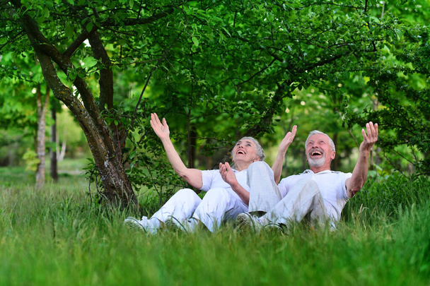 Senior couple sitting on the grass in the park  - Foto, Imagen