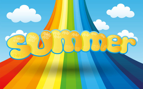 Summer illustration with bright rainbow in the blue sky. - Вектор, зображення