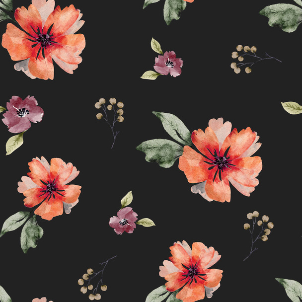 Bezešvé květinový vzor s červenými květy a listy na černém pozadí, ručně malované akvarelem. - Fotografie, Obrázek
