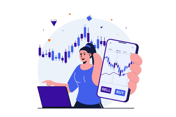 Stock market modern flat concept for web banner design. Woman buys or sells securities on stock exchange, studies charts and statistics, works at laptop. Vector illustration with isolated people scene - Vector, Image