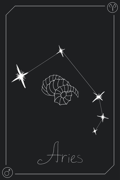 Carte horoscope du Bélier avec constellation, signe du zodiaque et planète condescendante. Illustration vectorielle dessinée à la main sur fond sombre. Carte Taro. - Vecteur, image