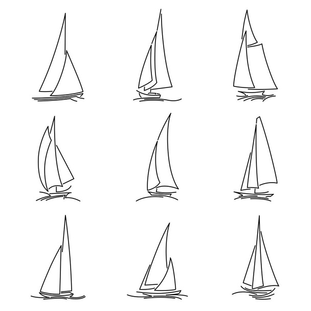 Conjunto de imágenes vectoriales simples de yates de vela con velas triangulares en olas dibujadas en estilo de línea. - Vector, imagen