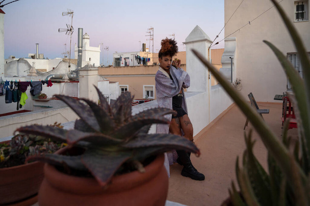 Trendy African American female in casual clothes clasping hands and looking at camera while leaning on barrier behind pots with succulents in evening on terrace, Cadiz, Spain - Photo, Image