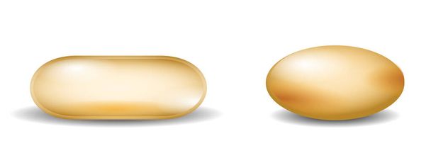 capsule realistiche con olio oro rotondo e pillole ovali isolate su sfondo bianco, capsule di gel integratori vitaminici. - Vettoriali, immagini