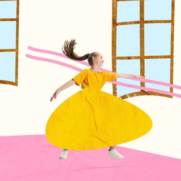 Πολύχρωμο δημιουργικό σχεδιασμό με κορίτσι στο χαρακτήρα της διάσημης πριγκίπισσα κινουμένων σχεδίων χορό - Φωτογραφία, εικόνα