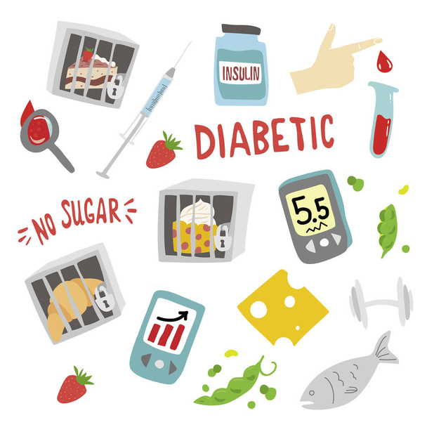 Diyabetik elementler. Şeker hastalarının bilgileri. Menü insülin direnci. Şekersiz sağlıklı yiyecekler. Şekersiz. - Vektör, Görsel