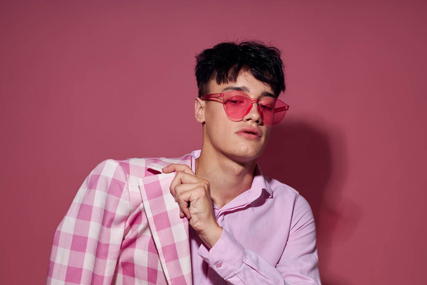 Photo of romantic young boyfriend plaid blazer pink glasses fashion modern style Lifestyle unaltered - Valokuva, kuva