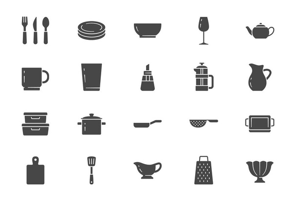 Кухонний посуд плоскі значки. Векторні ілюстрації включають в себе значок посуд, тарілку, сковороду, шпатель для запіканки, тарілку, келих, чашку, кухоль, французьку піктограму силуету гліфа для посуду
 - Вектор, зображення