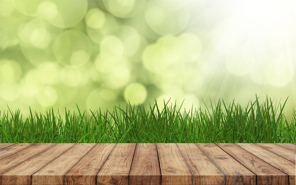Arkaplan sarı, beyaz renk bulanık parlaklığı ve ortada yeşil çimen, montaj için ürün gösterimi için boş ahşap masa. - Fotoğraf, Görsel