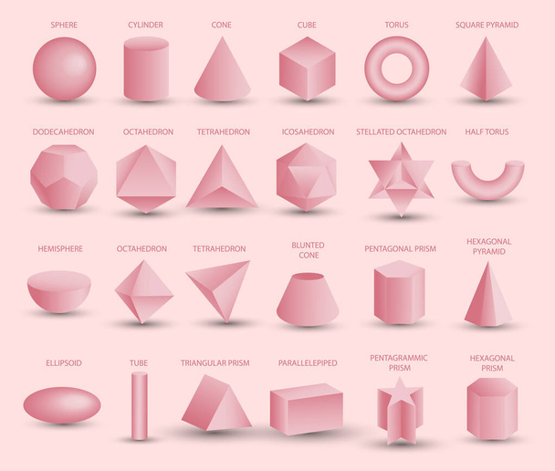 Realistic 3D pink geometric shapes isolated on pink background. Maths geometrical figure form, realistic shapes model. Platon solid. Icons, logos for education, business, design, game - Photo, Image