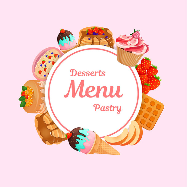 Sweet pastries, cupcake, cake, waffles, pancakes with jam. Ice cream, porridge with berries. illustration on a pink background. Text can be changed, added. Dessert menu for a cafe. Food design. - Foto, Bild