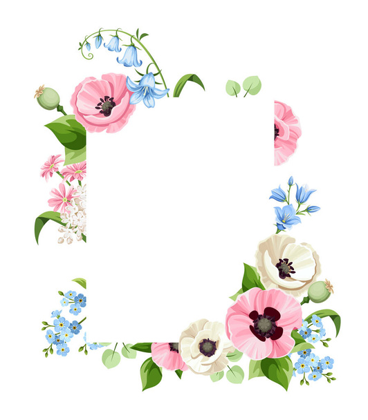 Vector card with pink, blue, and white poppy, bluebell, lilac, and forget-me-not flowers. Greeting or invitation card design - Διάνυσμα, εικόνα