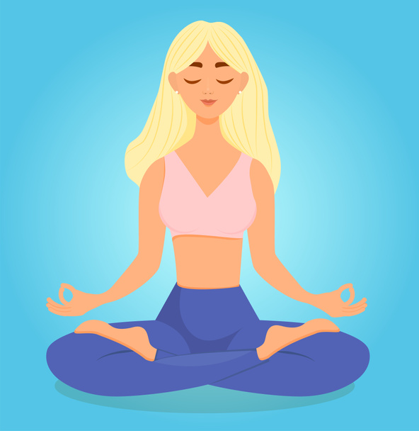 Blondes Mädchen praktiziert Yoga in einer Lotusposition. Illustration einer Frau, die Asanas macht. Das Konzept von Yoga, Meditation, Sport und gesundem Lebensstil. Junge und glückliche Frau meditiert - Foto, Bild