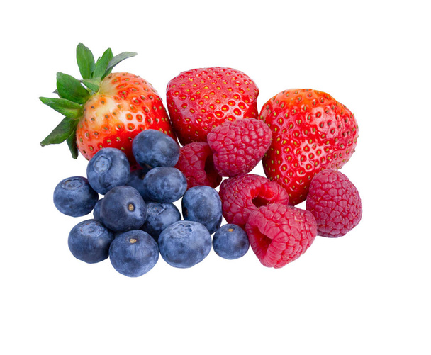 strawberries, raspberries and blueberries on a white isolated background - Фото, зображення