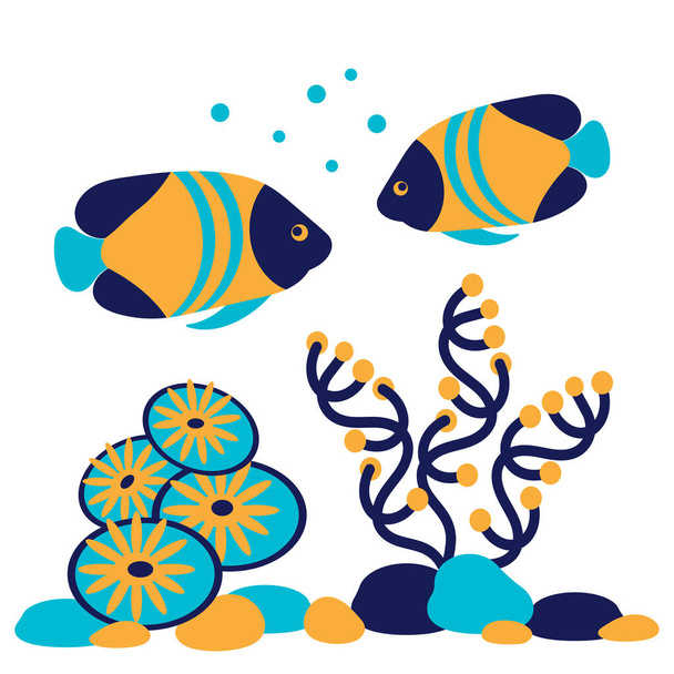 Підводний світ океан дно. Морські водорості, кораловий риф і риба, підводний світ. Кольоровий плоский морський пейзаж. Помаранчевий темно-синій світло-блакитний. Векторні ілюстрації
 - Вектор, зображення
