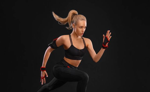 Sprinter run. Strong athletic woman running on black background wearing in the sportswear. Fitness and sport motivation. Runner concept. - Zdjęcie, obraz