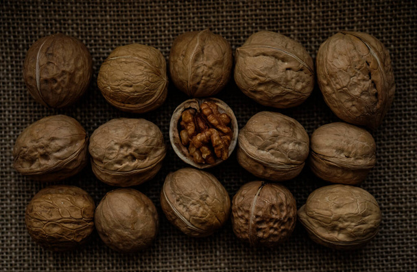 one opened walnut among rows walnuts. alone whole nut in the middle of many whole walnuts on sackcloth background.  - Fotografie, Obrázek